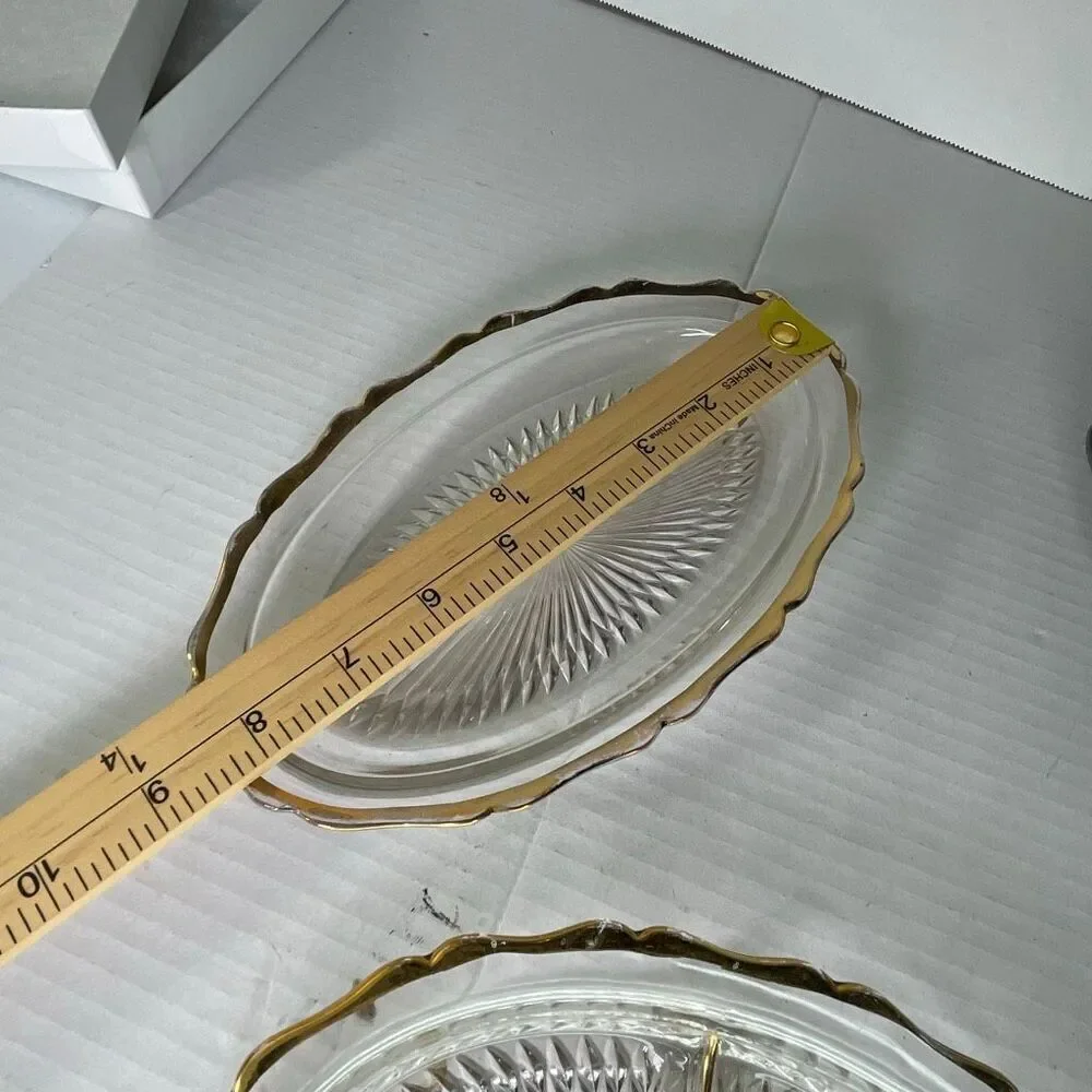 Lot of 2 Midcentury starburst pattern gold trimmed relish dishes